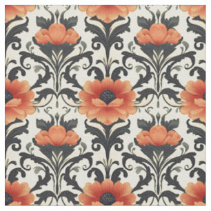 Orange / Svart / Grått Blommigt Art nouveau Tyg