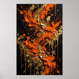 Orange Svart Guld Eld Abstrakt Konsttryck Poster