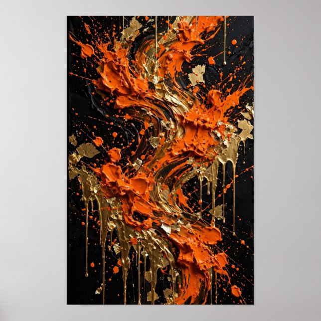 Orange Svart Guld Eld Abstrakt Konsttryck Poster (Framsidan)