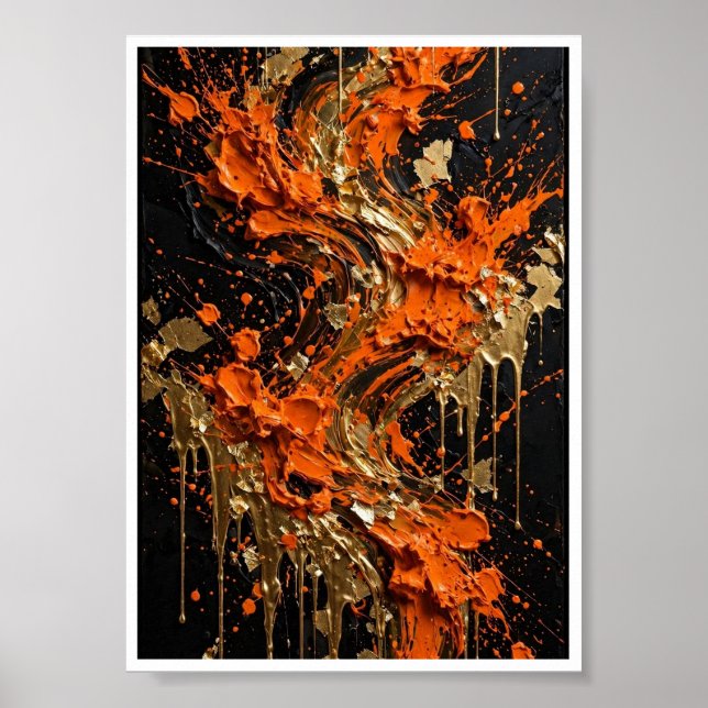 Orange Svart Guld Eld Abstrakt Konsttryck Poster (Framsidan)