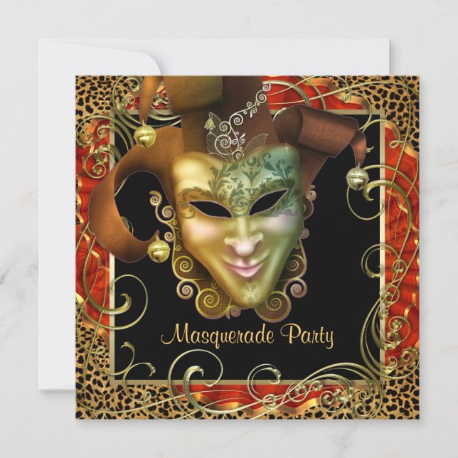 Orange Svart Guld Leopard Maskerad Fest Inbjudningar (Framsida)