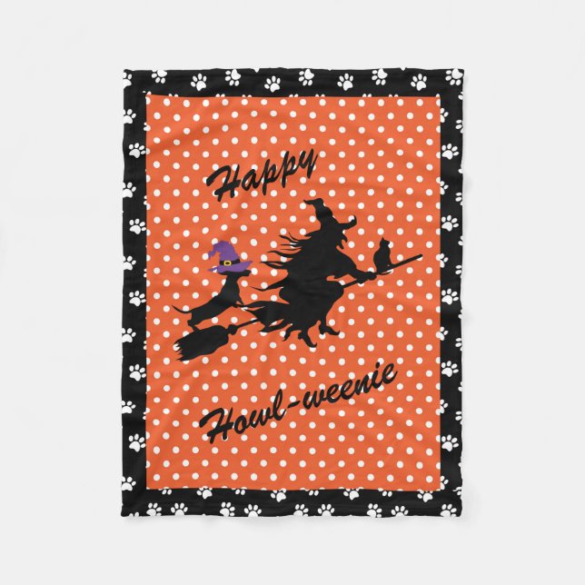 Orange & Svart Halloween Dachshund Flanellfilt Fleecefilt (Framsidan)