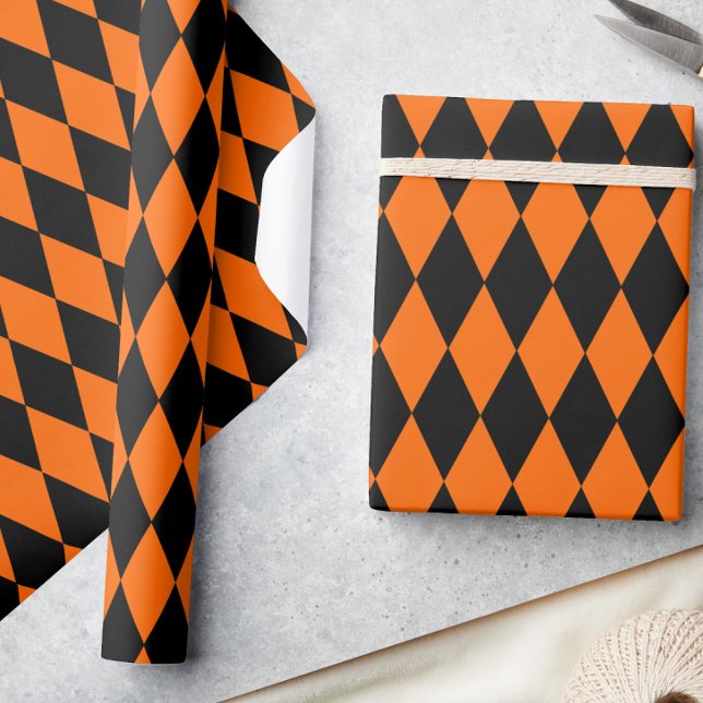 Orange Svart Harlekin Diamanter Rutmönster Design  Presentpapper (Skapare uppladdad)