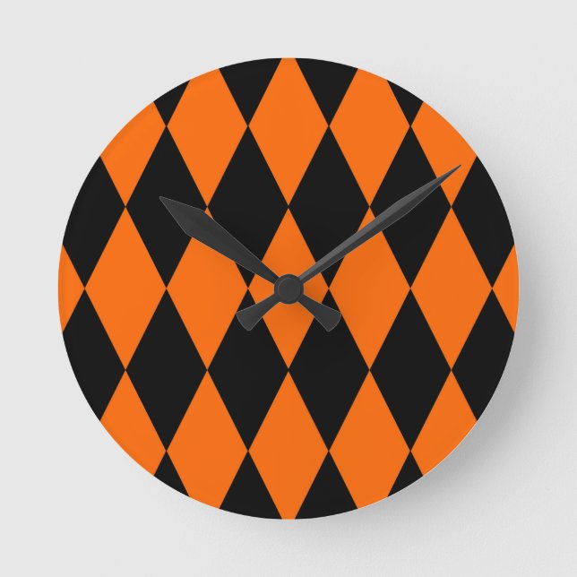 Orange Svart Harlekin Diamanter Rutmönster Design  Rund Klocka (Framsida)