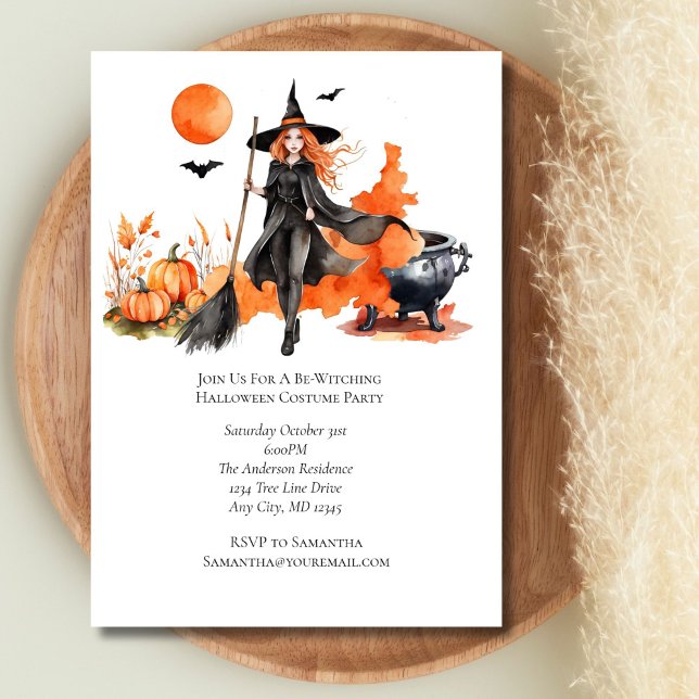 Orange Svart Häxa Halloween Kostymfest Inbjudningar (Halloween Witch Pumpkins Orange Black Party Invitation)