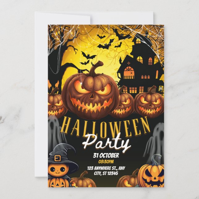 Orange Svart Modern Halloween-fest Invitation Inbjudningar (Framsida)