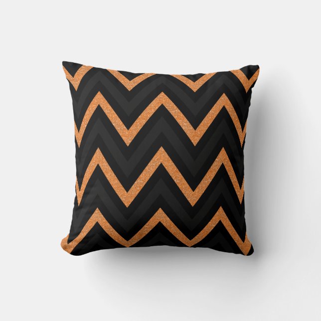 Orange svart och grå glitter chevron kudde (Framsida)