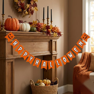 Orange Svart och Vit Pumpa Glad Halloween Vimplar