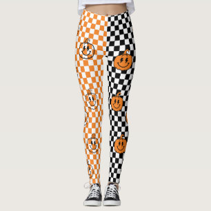 Orange Svart Retro Rad Pumpa Rutig Halloween Leggings