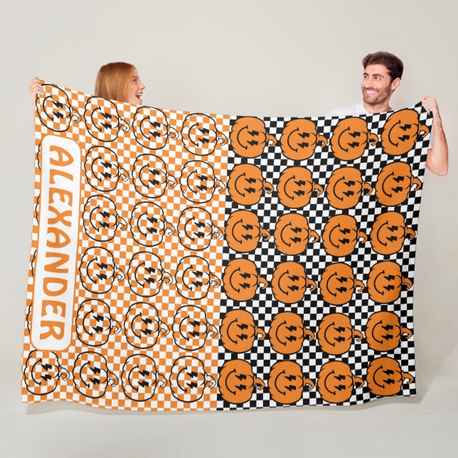 Orange Svart Retro Rad Pumpkin Rutig Halloween Fleecefilt (På plats)