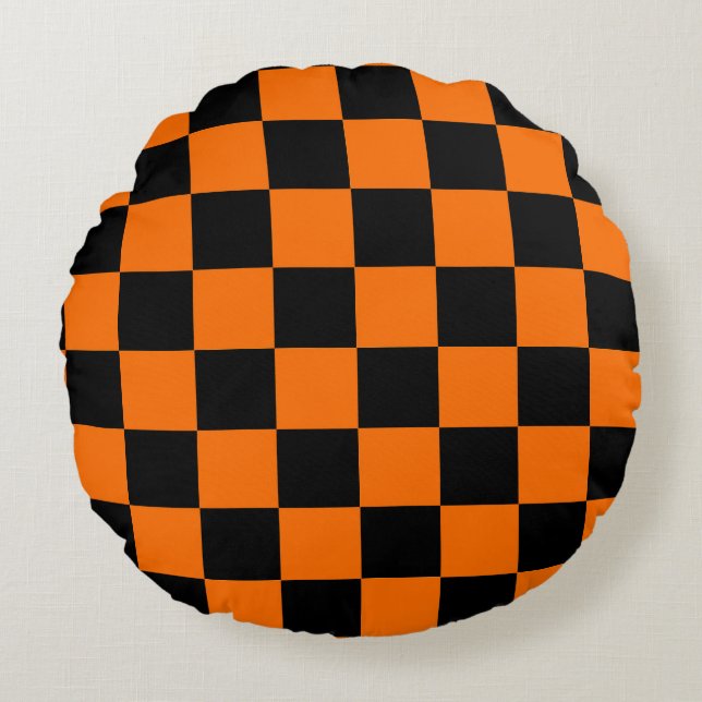 Orange svart rutigt rutmönster rund kudde (Framsidan)