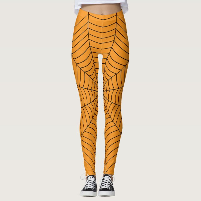 Orange svart spindelnät Halloween-mönster Leggings (Framsida)