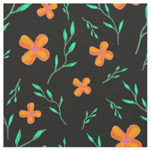 Orange Svart vattenfärgsblomma, Blommönster Tyg