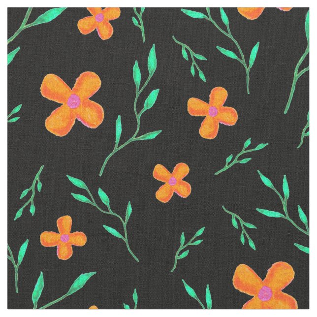 Orange Svart vattenfärgsblomma, Blommönster Tyg (Närbild)