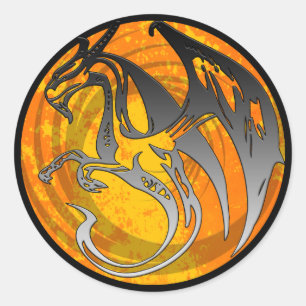 Orange svart vinge grunge drake rund klistermärke