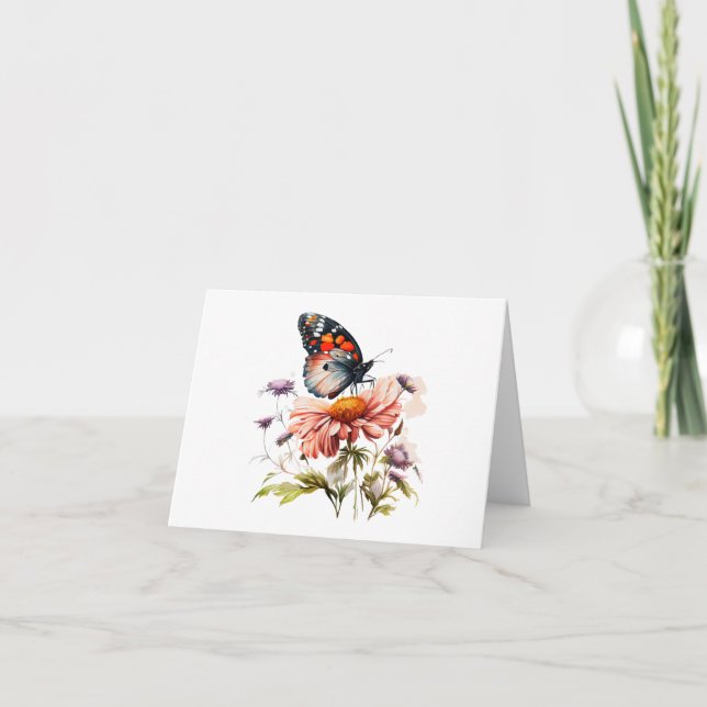 Orange, svart, vit fjäril på Flower BLANK Kort (Framsida)