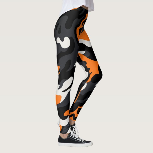 Orange Svart Vit Spöklik Kamouflage Kamouflage Mön Leggings (Höger)