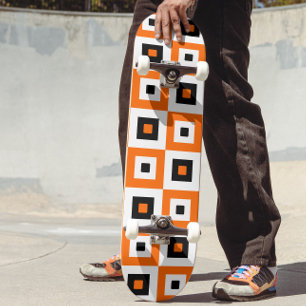 Orange Svarta Vita Rutiga Fyrkantiga Mönster Mini Skateboard Bräda 18,5 Cm