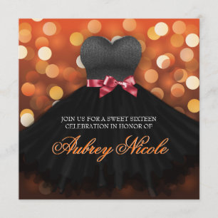 Orange Sweet sixteen Black Dress Birthday Inbjudan