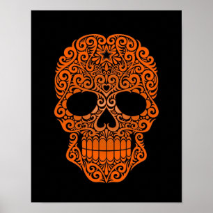 Orange Swirling Sugar Skull på svart Poster