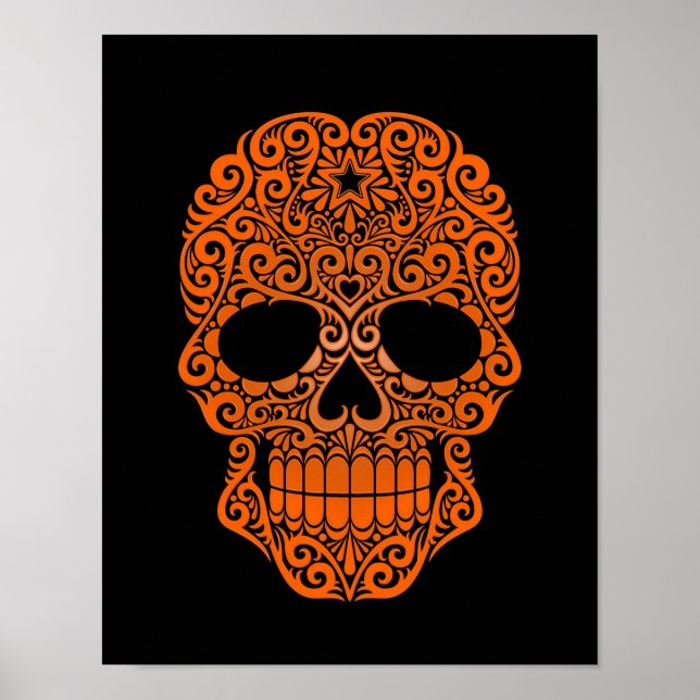 Orange Swirling Sugar Skull på svart Poster (Framsidan)