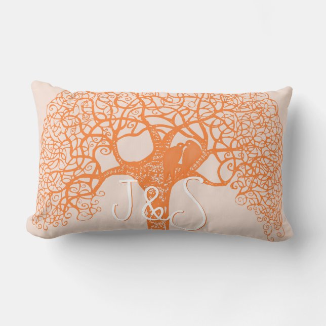 Orange Swirly Träd Love Bird Välj Färg Pillow Lumbarkudde (Framsida)