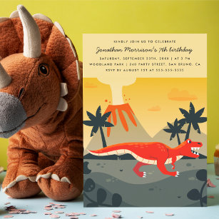 Orange T-Rex och Volcano Modern Boy Födelsedagsfes Inbjudningar