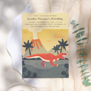 Orange T-Rex och Volcano Modern Boy Födelsedagsfes Inbjudningar