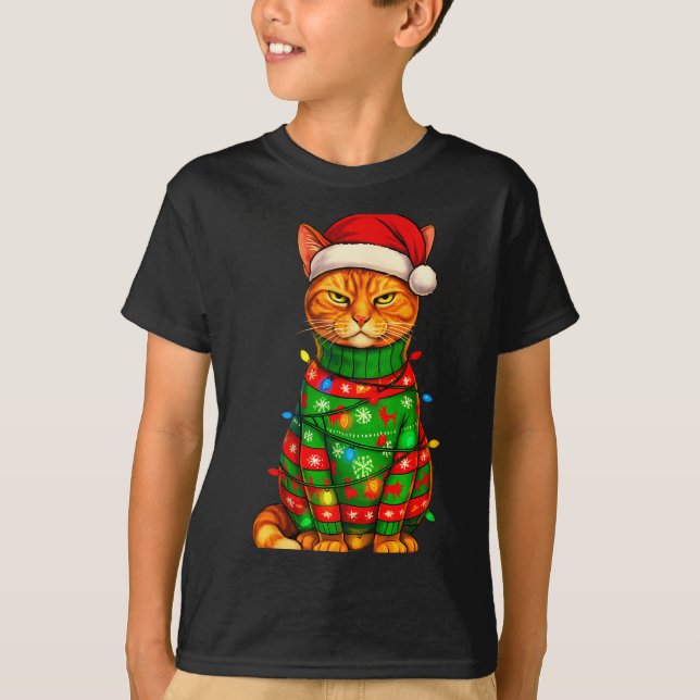 Orange Tabby Cat Christmas Lights Funny Santa Holi T Shirt (Framsida)