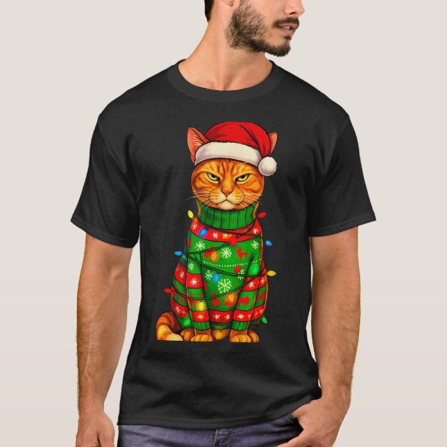 Orange Tabby Cat Christmas Lights Funny Santa Holi T Shirt (Framsida)