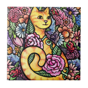 Orange Tabby katt Blomsterträdgård Kakelplatta