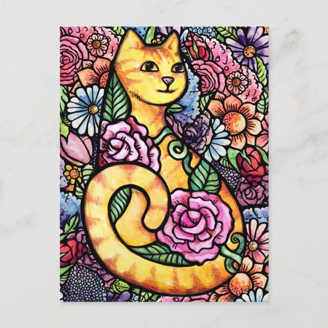 Orange Tabby Katt Blomsterträdgård  Vykort (Framsida)
