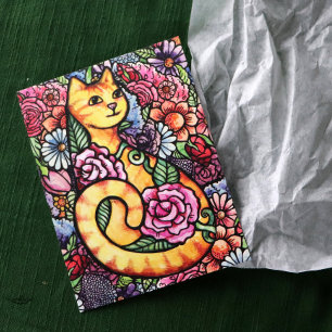 Orange Tabby katt Blomsterträdgård Vykort