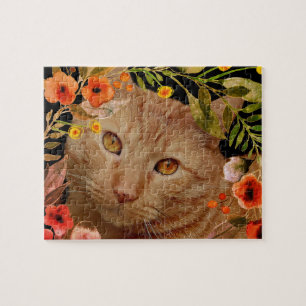 Orange Tabby Katt Foto med Blommig Ram Pussel