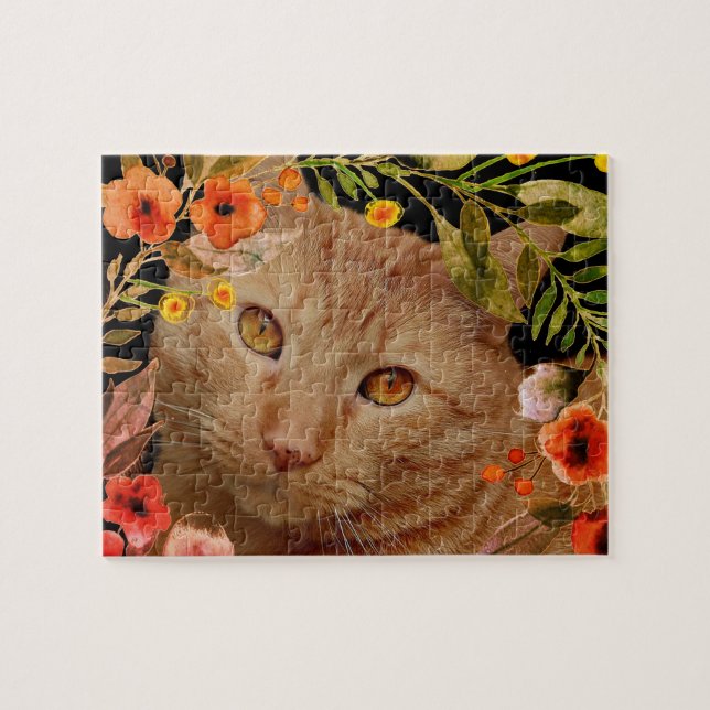 Orange Tabby Katt Foto med Blommig Ram Pussel (Horisontell)