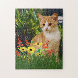 Orange Tabby Katt i Blomsterträdgård Djurälskare Pussel