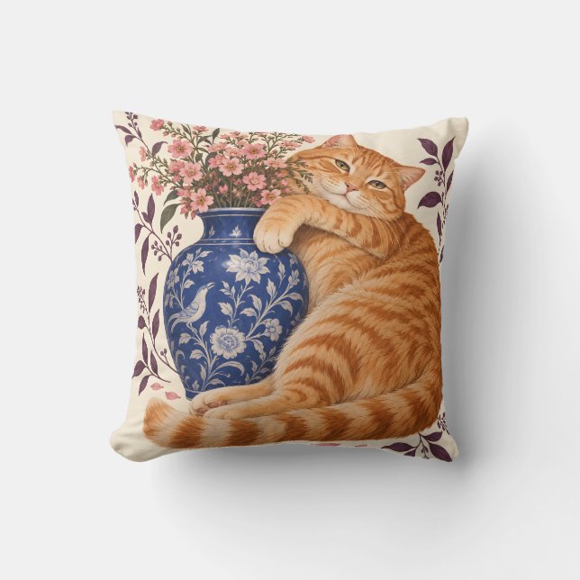 Orange Tabby Katt Kobolt Blomvas Kudde (Framsida)