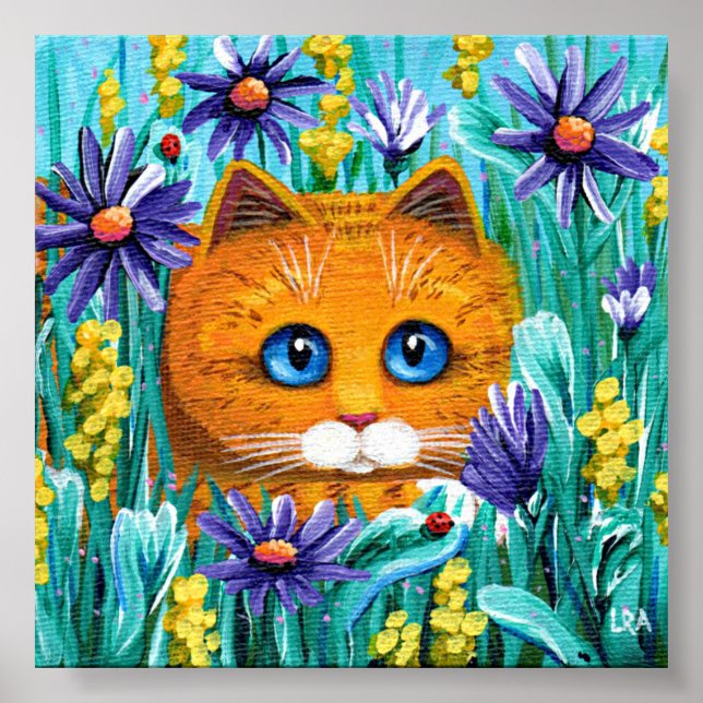 Orange Tabby katt Lila Aster Flowers Creationarts Poster (Framsidan)