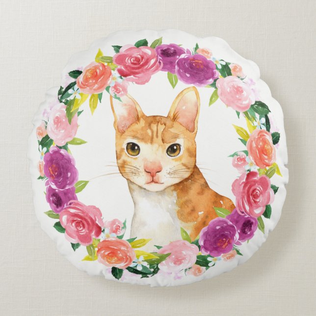 Orange Tabby katt med Blommigt Utandningspåse Rund Kudde (Framsidan)