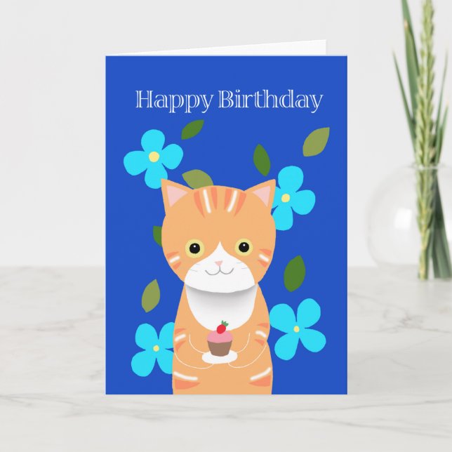 Orange tabby katt med cupacas söta kattfödelsedag kort (Framsida)