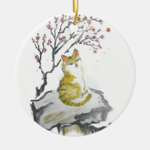 Orange tabby katt med plommonblommarprydnaden julgransprydnad keramik