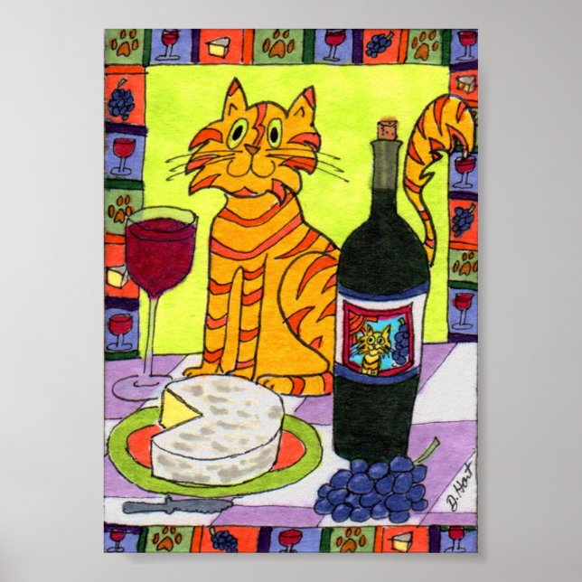 Orange Tabby katt med Vin & Cheese Mini Folk Art Poster (Framsidan)