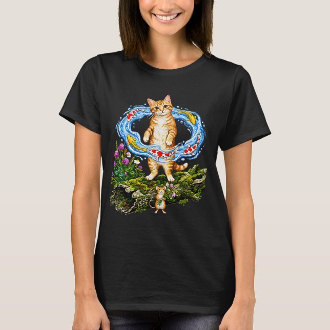 Orange Tabby Katt, Mus och Koi Fisk T Shirt (Framsida)