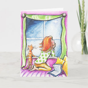 Orange Tabby katt n Girl Window-jul Helgkort