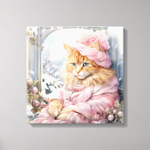 Orange Tabby katt nedtryckt i Rosa i ett fönster Canvastryck