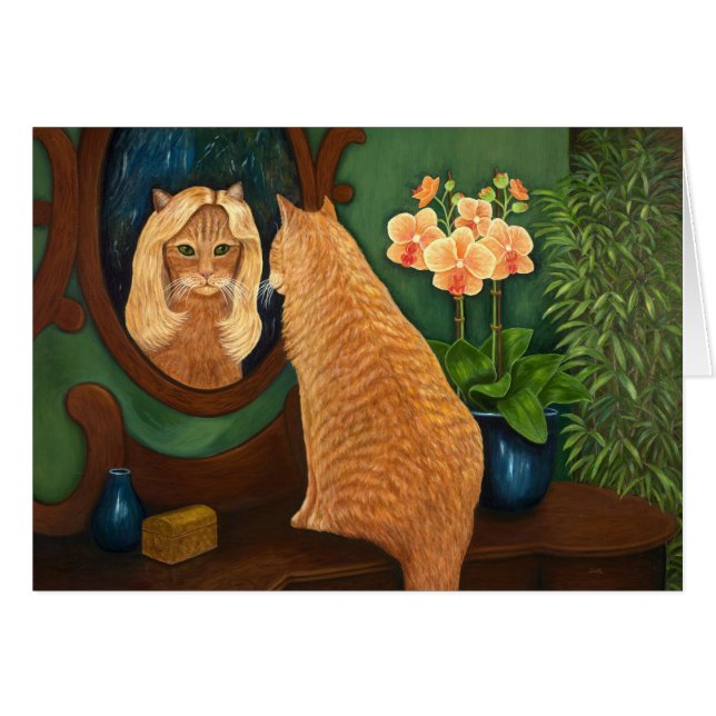 Orange Tabby katt och Spegel Hälsningskort (Framsidan Horizontal)