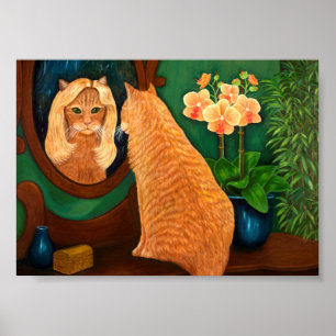 Orange Tabby katt och Spegel Poster