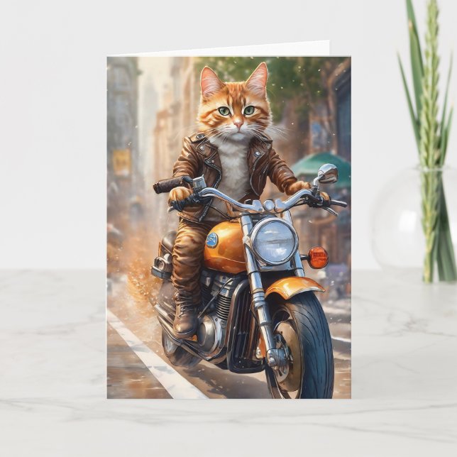 Orange Tabby Katt på Motorcykeltur Kort (Framsida)