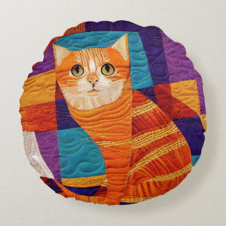 Orange Tabby katt Patchwork Quilt Mönster Rund Kudde