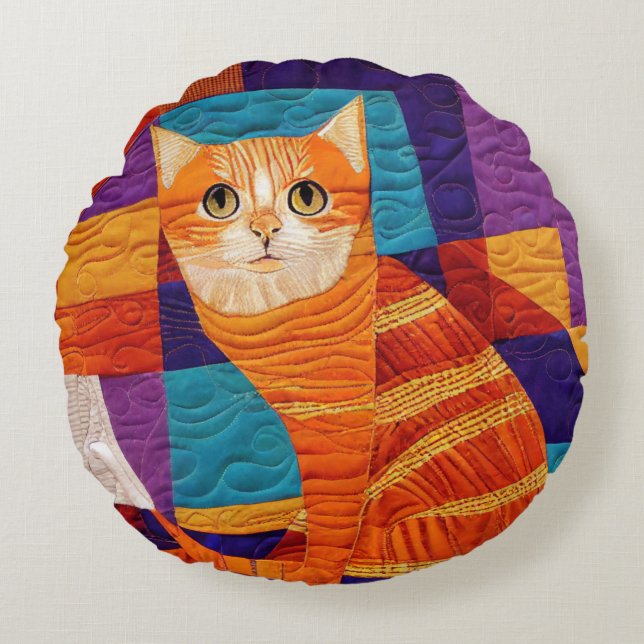 Orange Tabby katt Patchwork Quilt Mönster Rund Kudde (Framsidan)